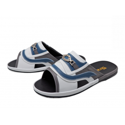 Men Sandals SKF-40 Dark Gray Nappa-White Pebble grain-Blue Nappa Microfiber Leather